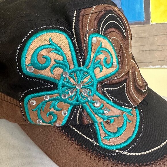 KB ETHOS Vintage Black Hat y2K Cap Brown Turquoise studded Applique - Picture 3 of 5